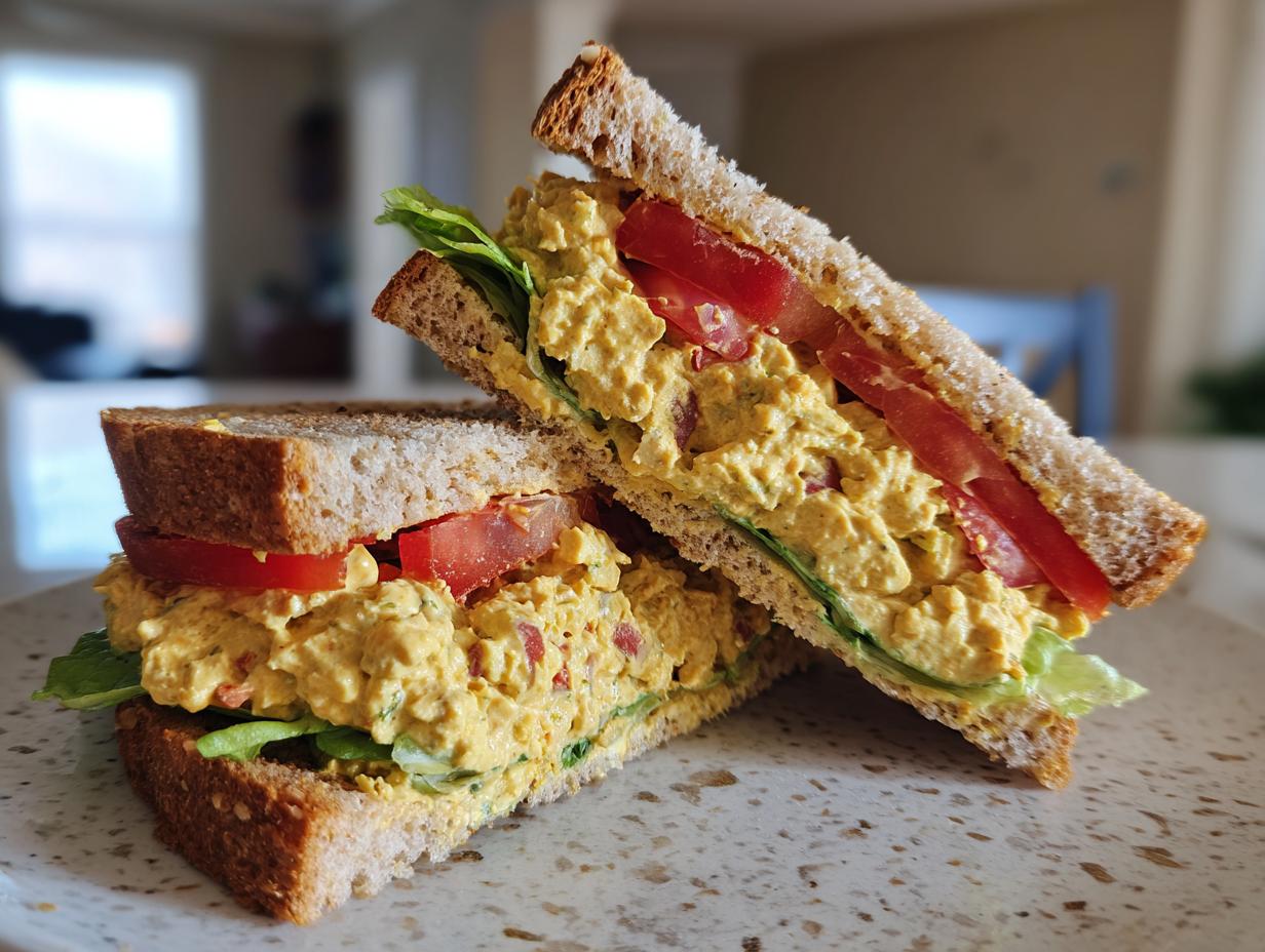 Two halves of a delicious chickpea salad sandwich stacked on a speckled plate, featuring yellow chickpea filling, tomato, and lettuce on whole wheat bread.