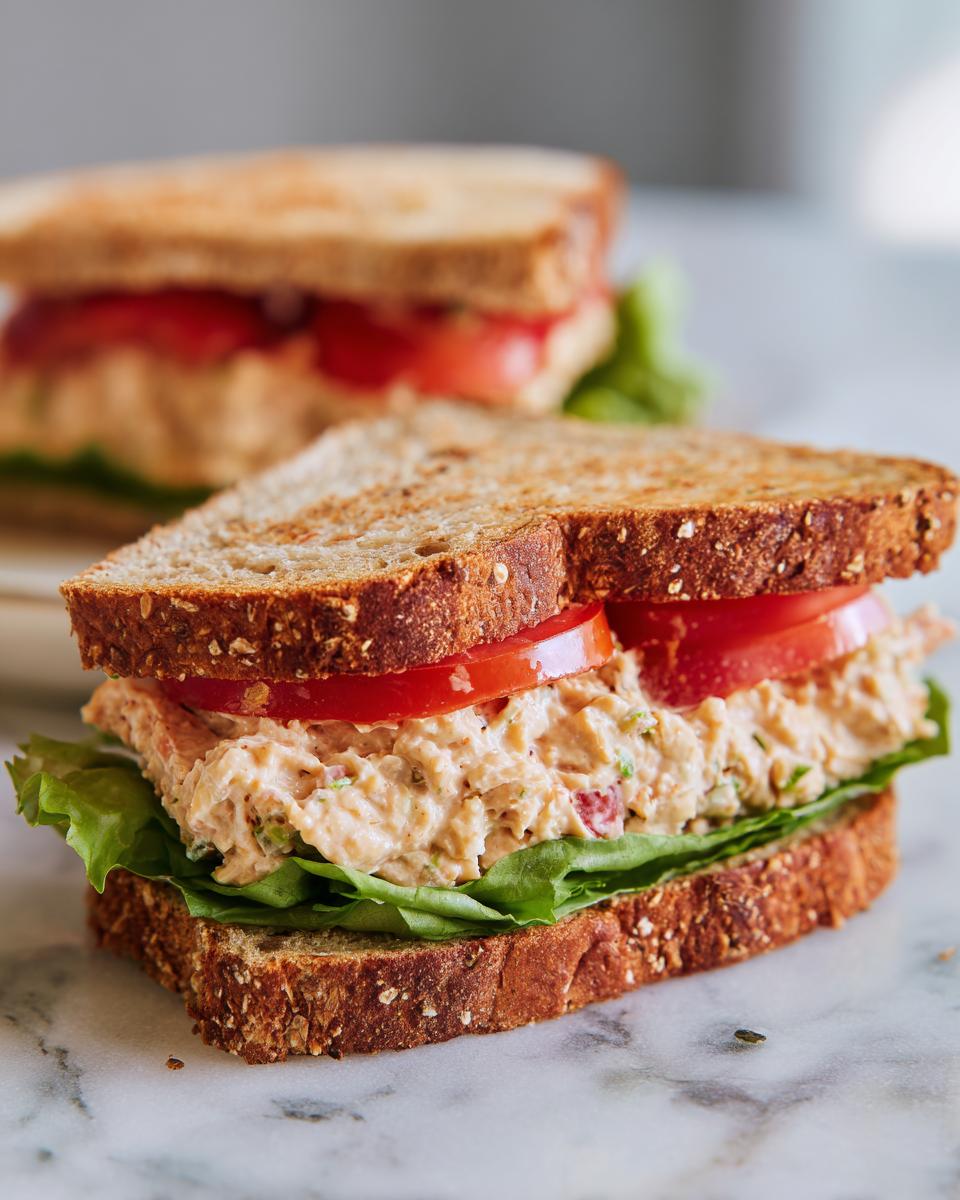 Close-up of a fresh chickpea salad sandwich layered with lettuce and tomato on toasted whole grain bread.