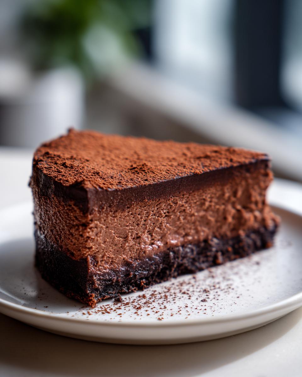 A decadent slice of chocolate mousse cake with a dark crust, resting on a white plate, dusted heavily with cocoa powder.