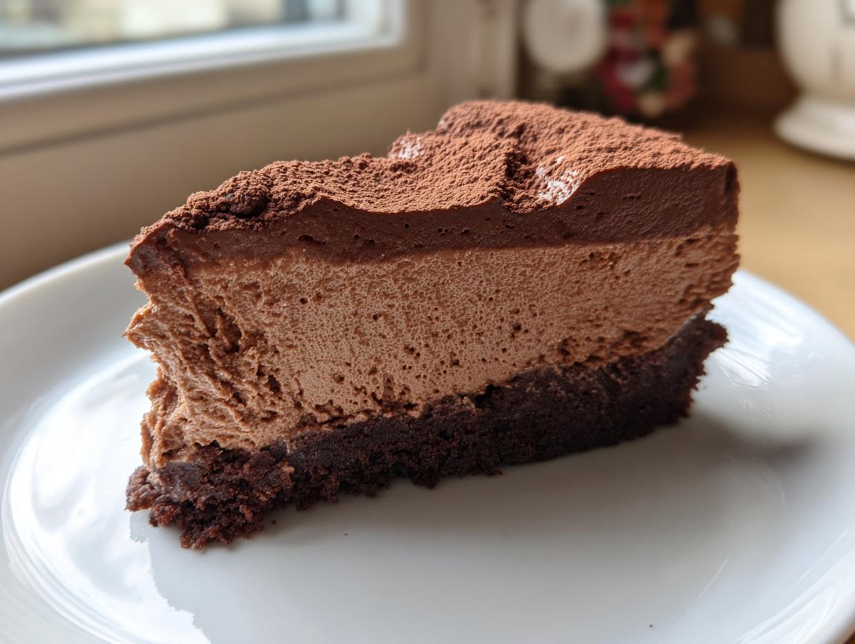 A decadent slice of chocolate mousse cake with a dark brownie base, served on a white plate.