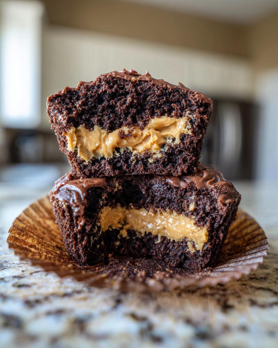 Two halves of a chocolate peanut butter cupcake stacked, showing the rich chocolate cake and creamy peanut butter filling.