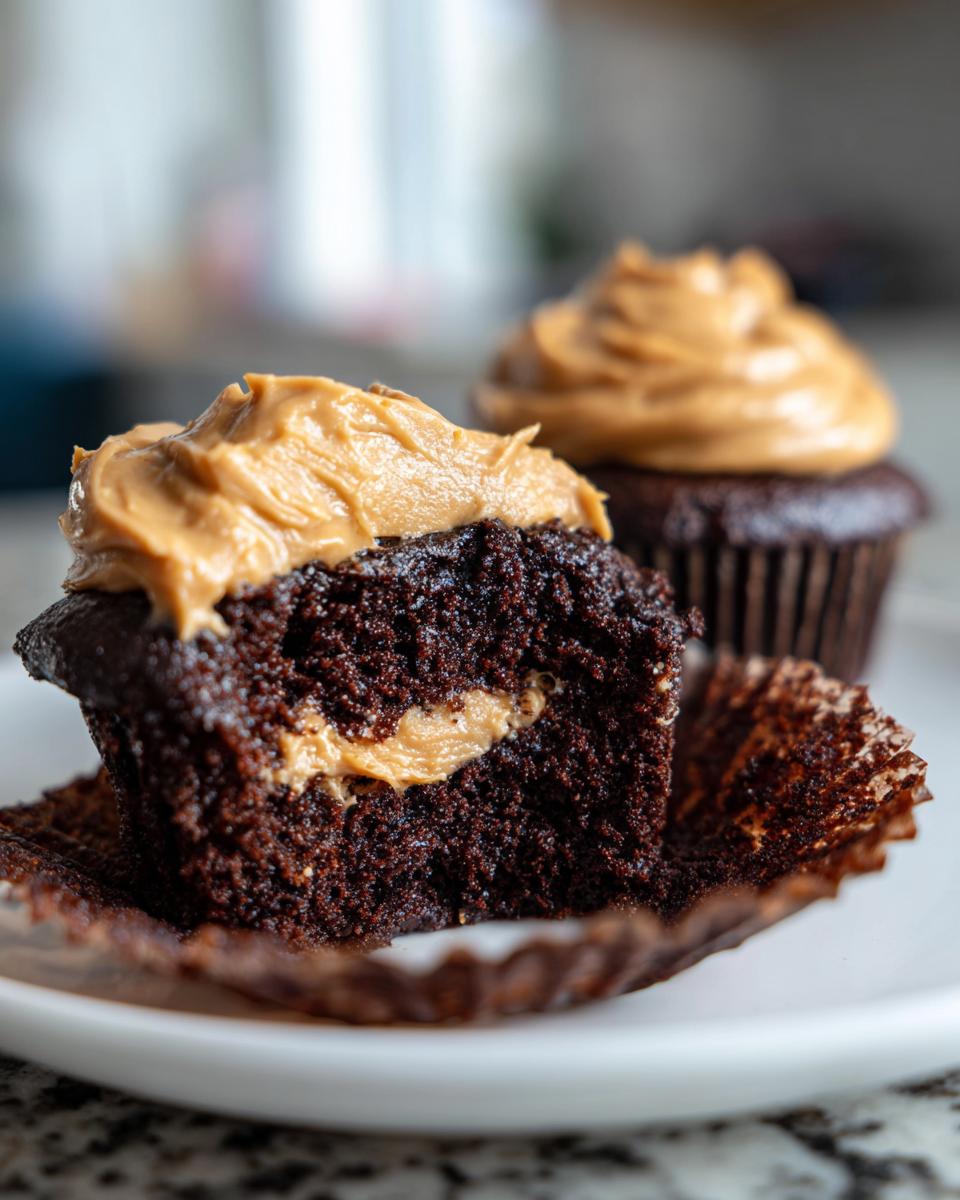 Close-up of a chocolate peanut butter cupcakes cut in half showing the creamy peanut butter filling.