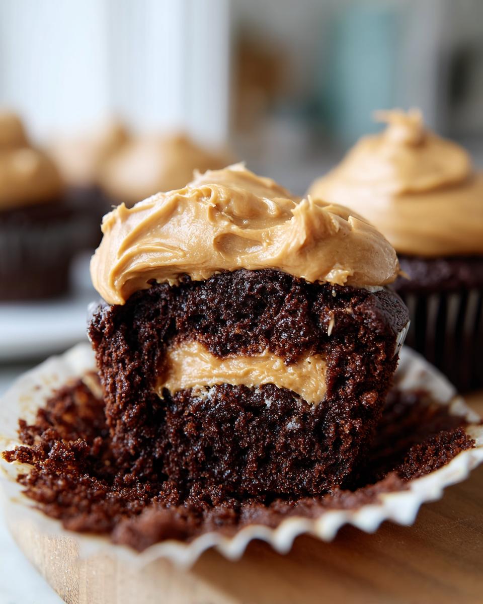 Close-up of a chocolate peanut butter cupcakes cut in half showing the rich chocolate cake, peanut butter frosting, and creamy peanut butter filling.