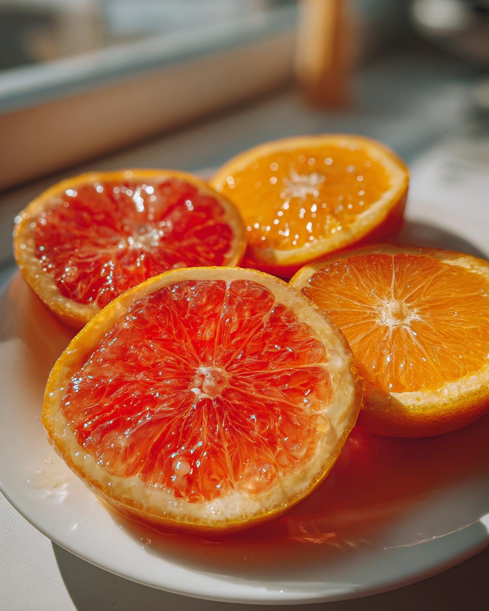 Close-up of cut grapefruit and orange halves glistening with juice, ready for a citrus salad.