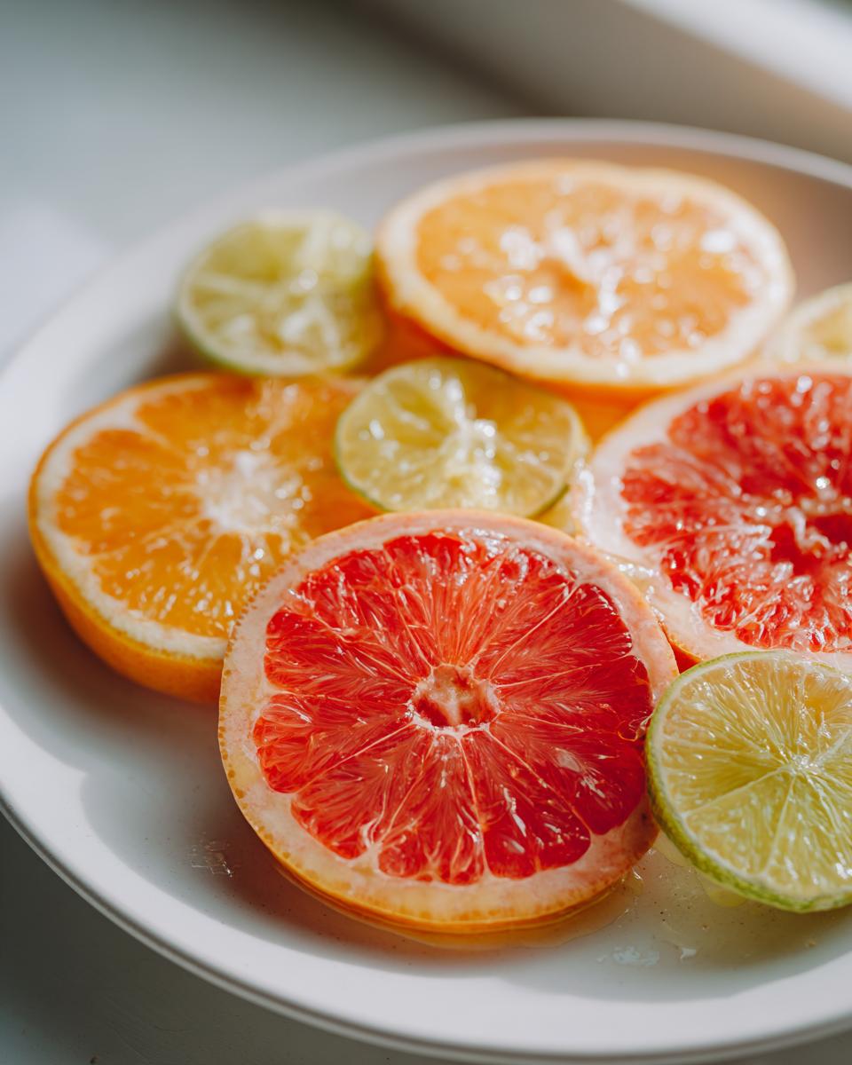 Close-up of sliced grapefruit, orange, and lime arranged on a white plate, ready for a citrus salad.