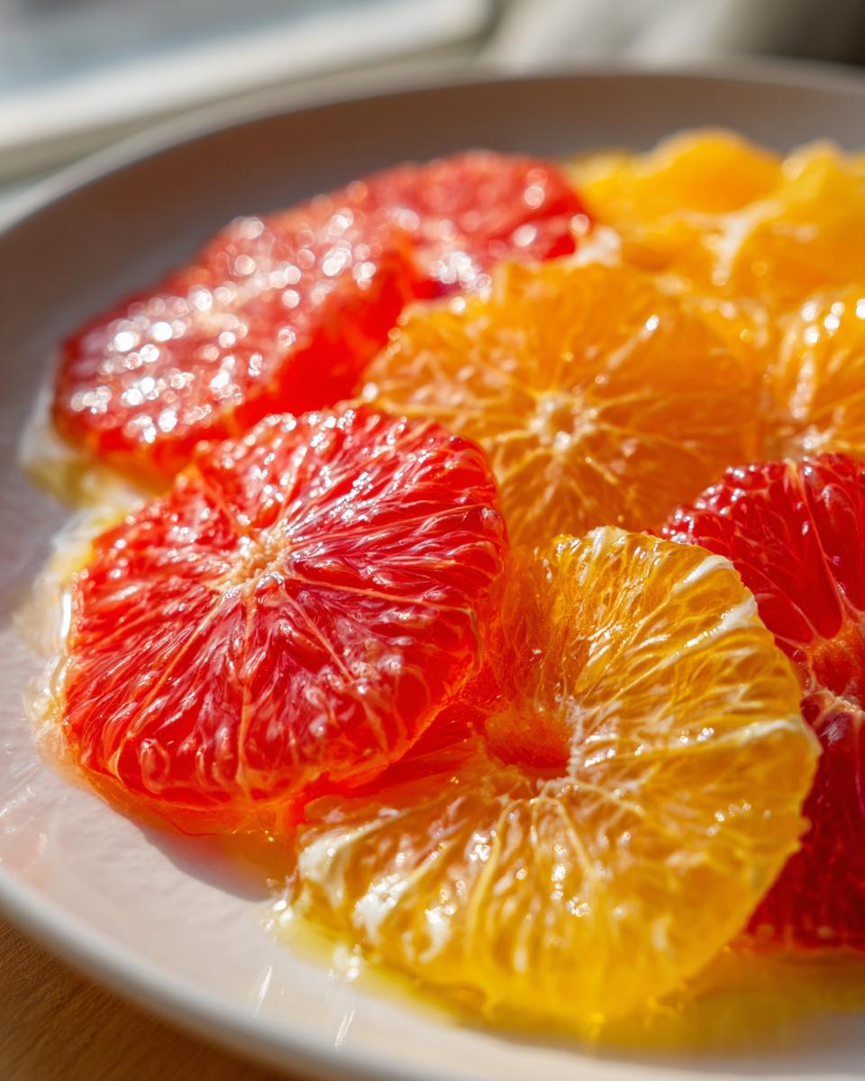 Close-up of vibrant red and orange citrus slices, glistening with juice, ready for a citrus salad.