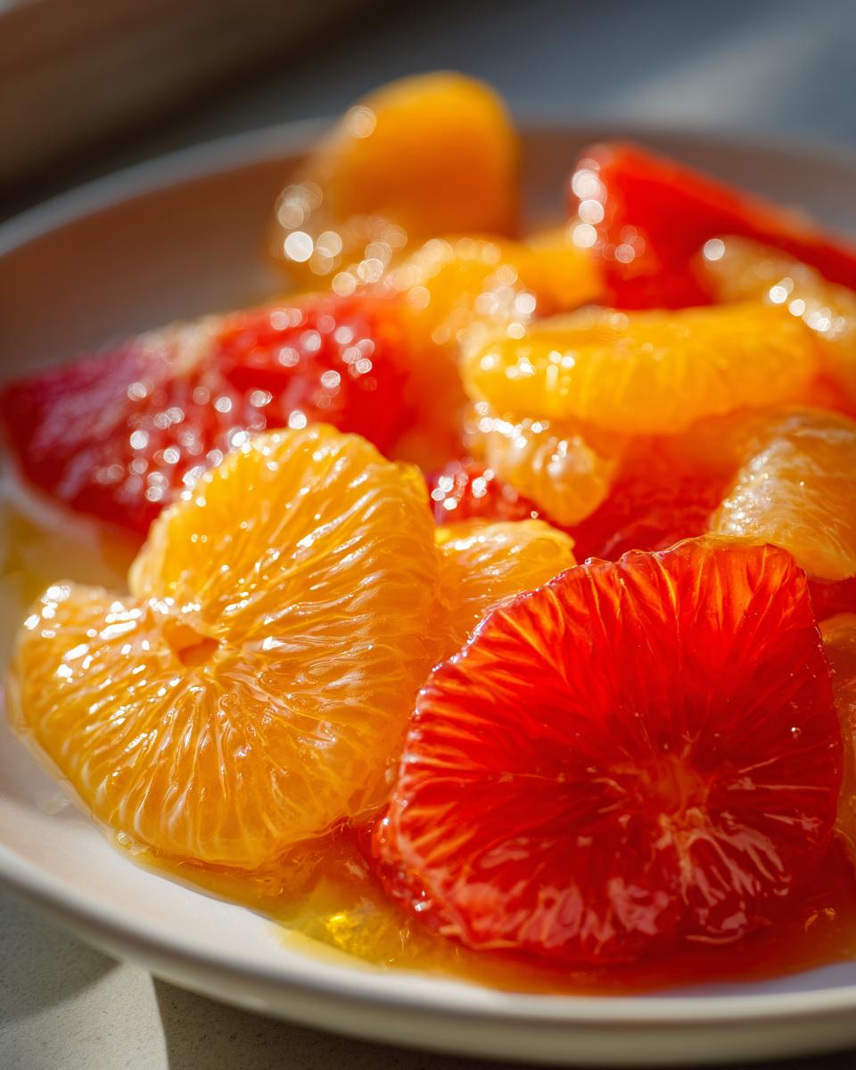 Close-up of bright orange and deep red citrus segments soaking in juice for a fresh citrus salad.