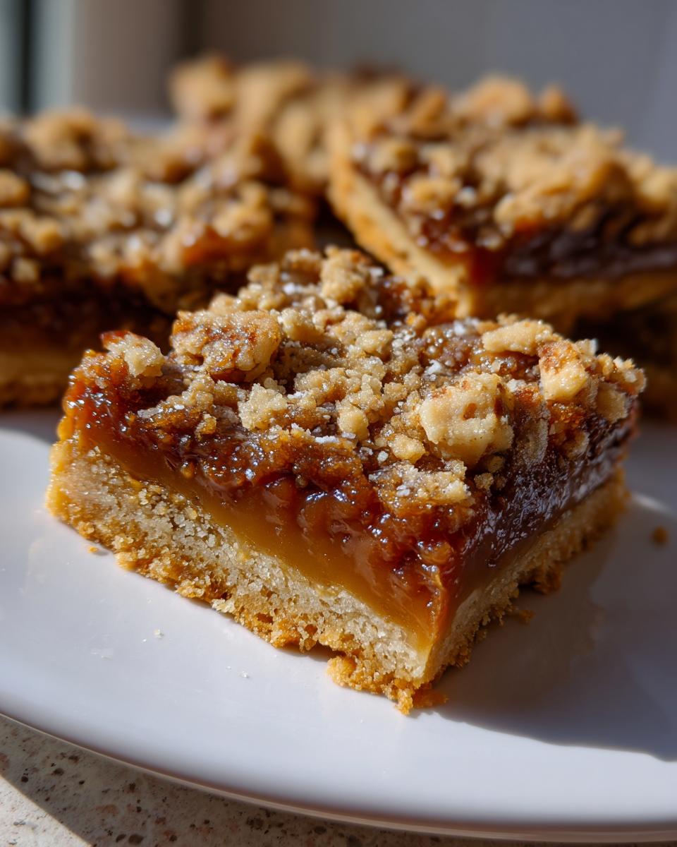 A close-up of a single, gooey carmelitas bar showing the shortbread base, thick caramel filling, and crumbly topping.