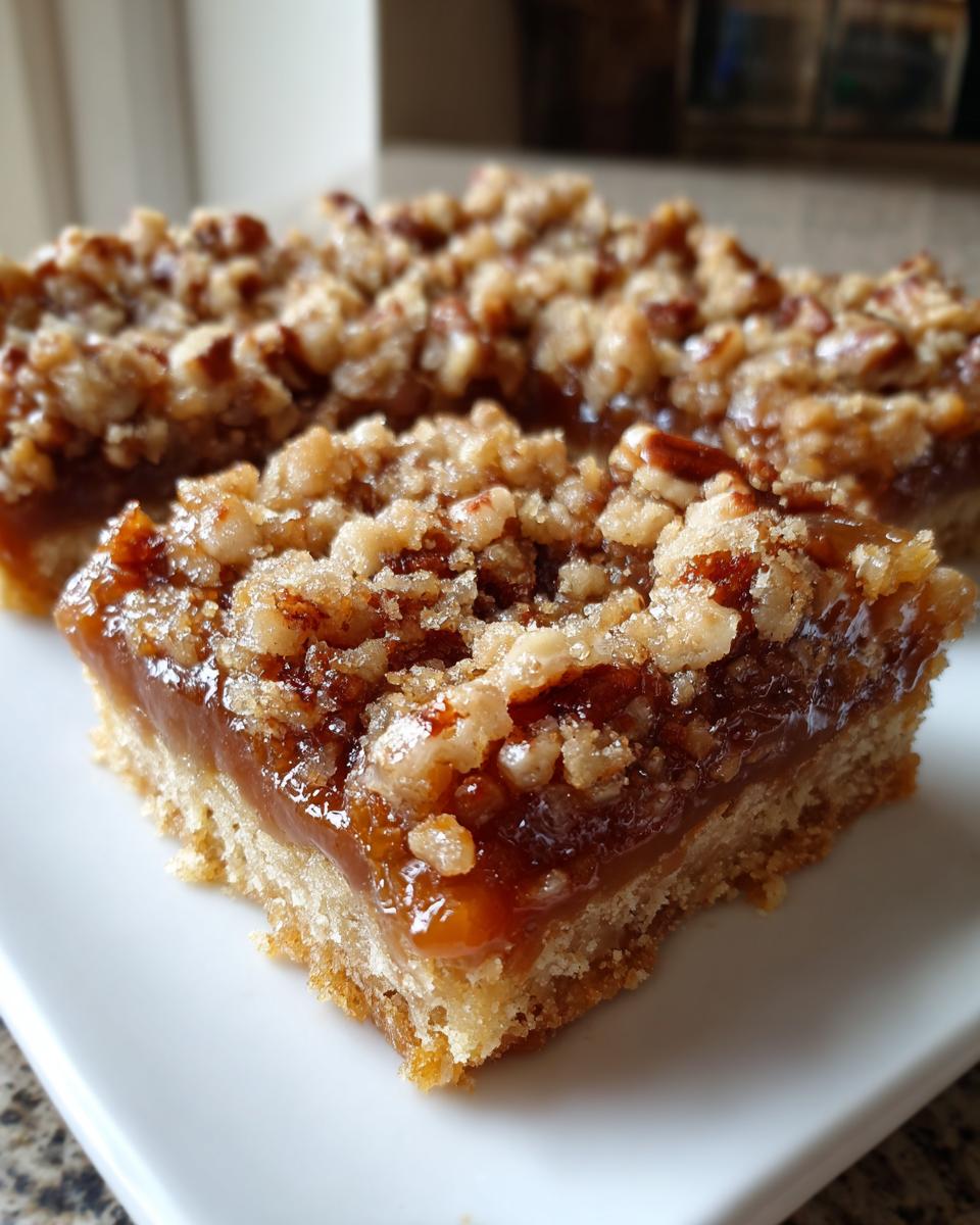 A close-up view of a rich, gooey carmelitas bar showing the shortbread crust, caramel layer, and pecan crumble topping.