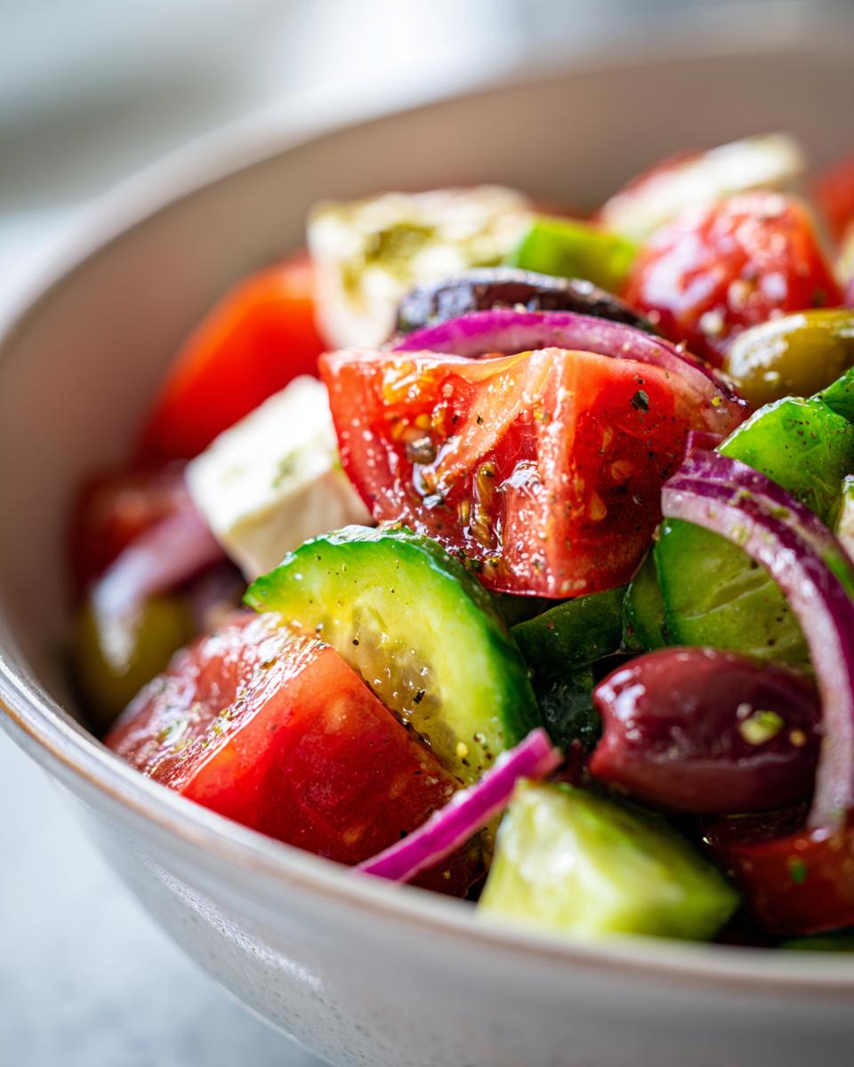 Close-up of a vibrant greek salad featuring chunks of tomato, cucumber, red onion, feta cheese, and Kalamata olives.