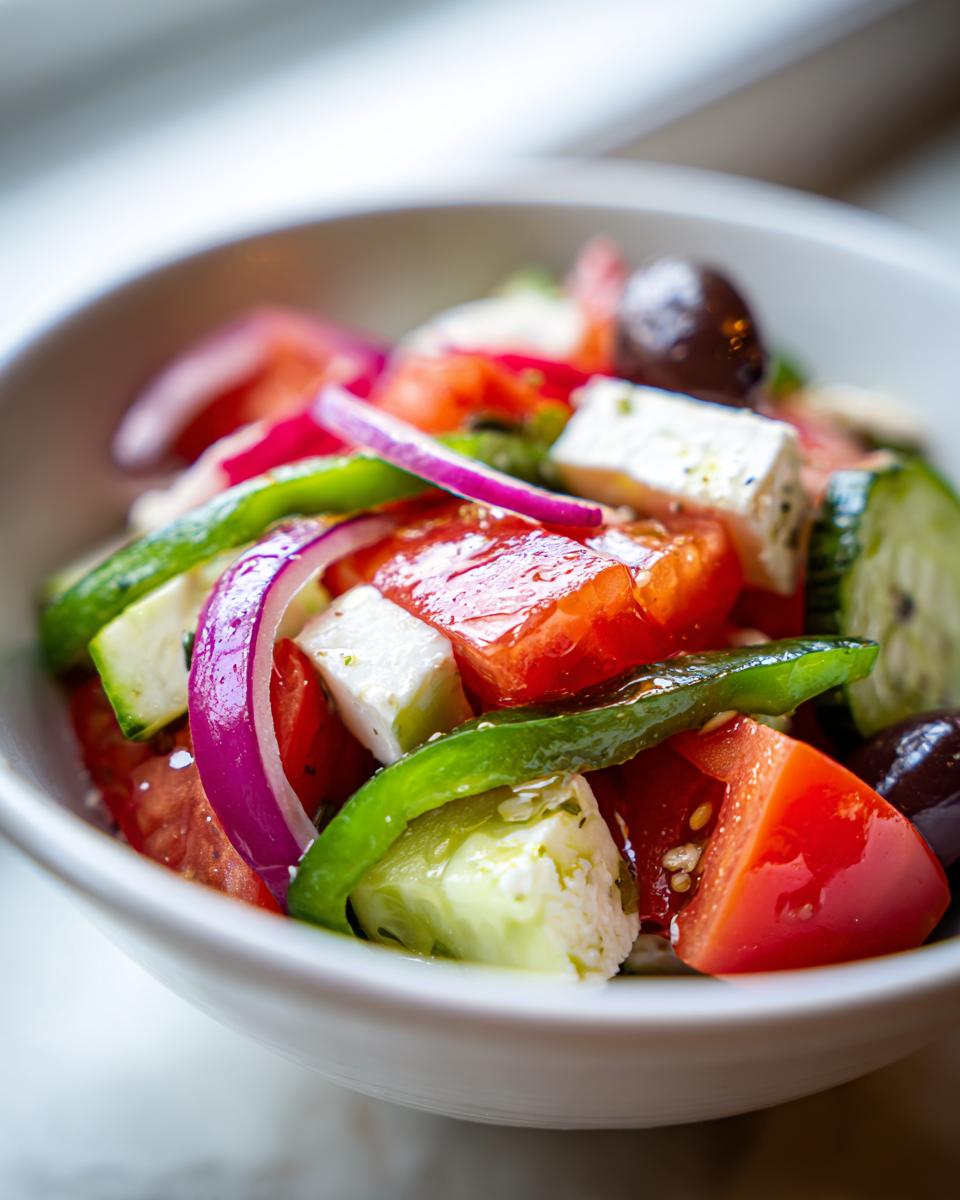 Close-up of a vibrant greek salad featuring chunks of tomato, cucumber, feta cheese, red onion, and olives.