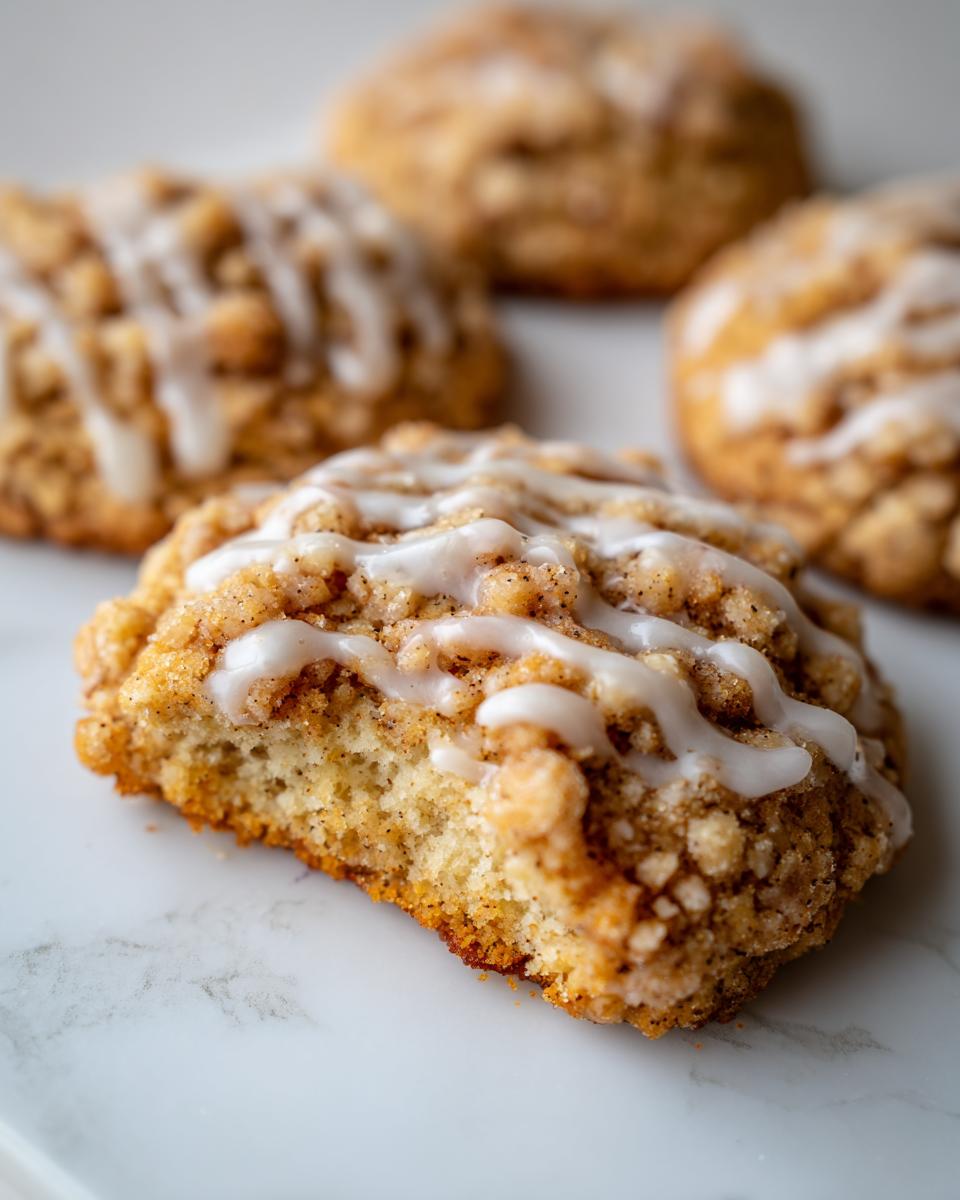 A close-up, cross-section view of one of the delicious coffee cake cookies topped with streusel and a vanilla glaze.