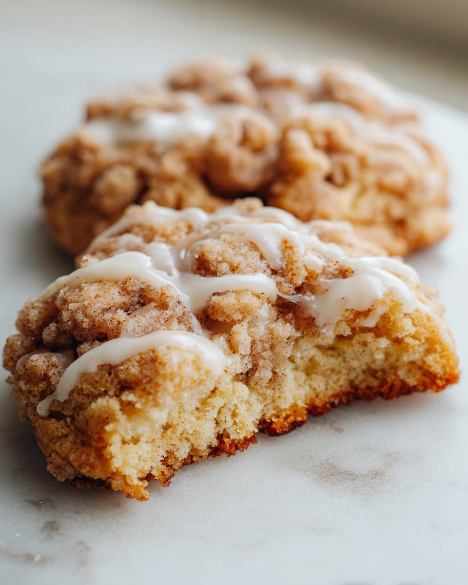 A close-up of a soft, crumbly coffee cake cookie broken in half, showing the interior texture and drizzled with white vanilla glaze.