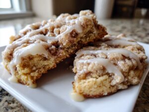 Close-up of two soft coffee cake cookies with thick cinnamon streusel and vanilla glaze.