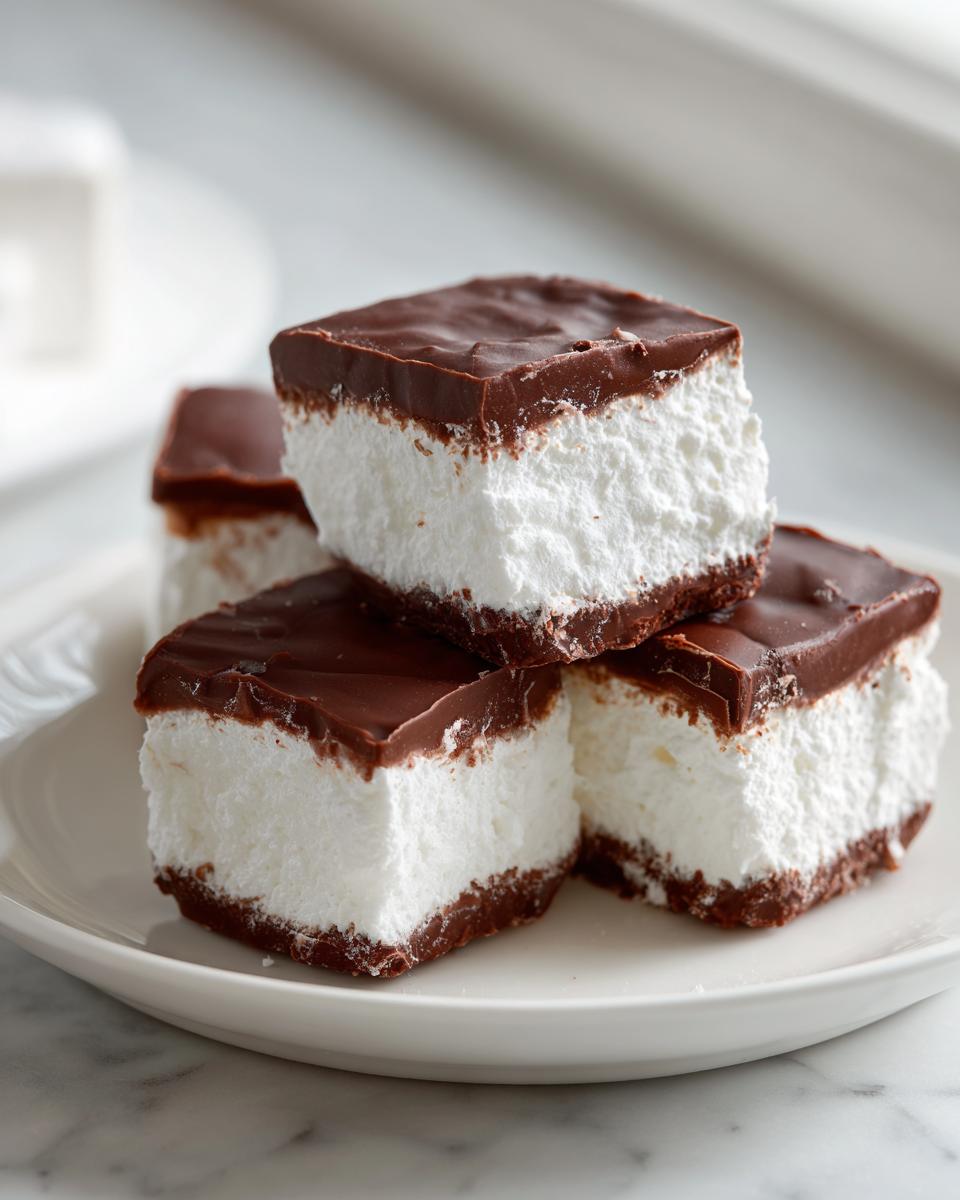 Three stacked squares of rich, fluffy cool whip candy coated in thick chocolate on a white plate.