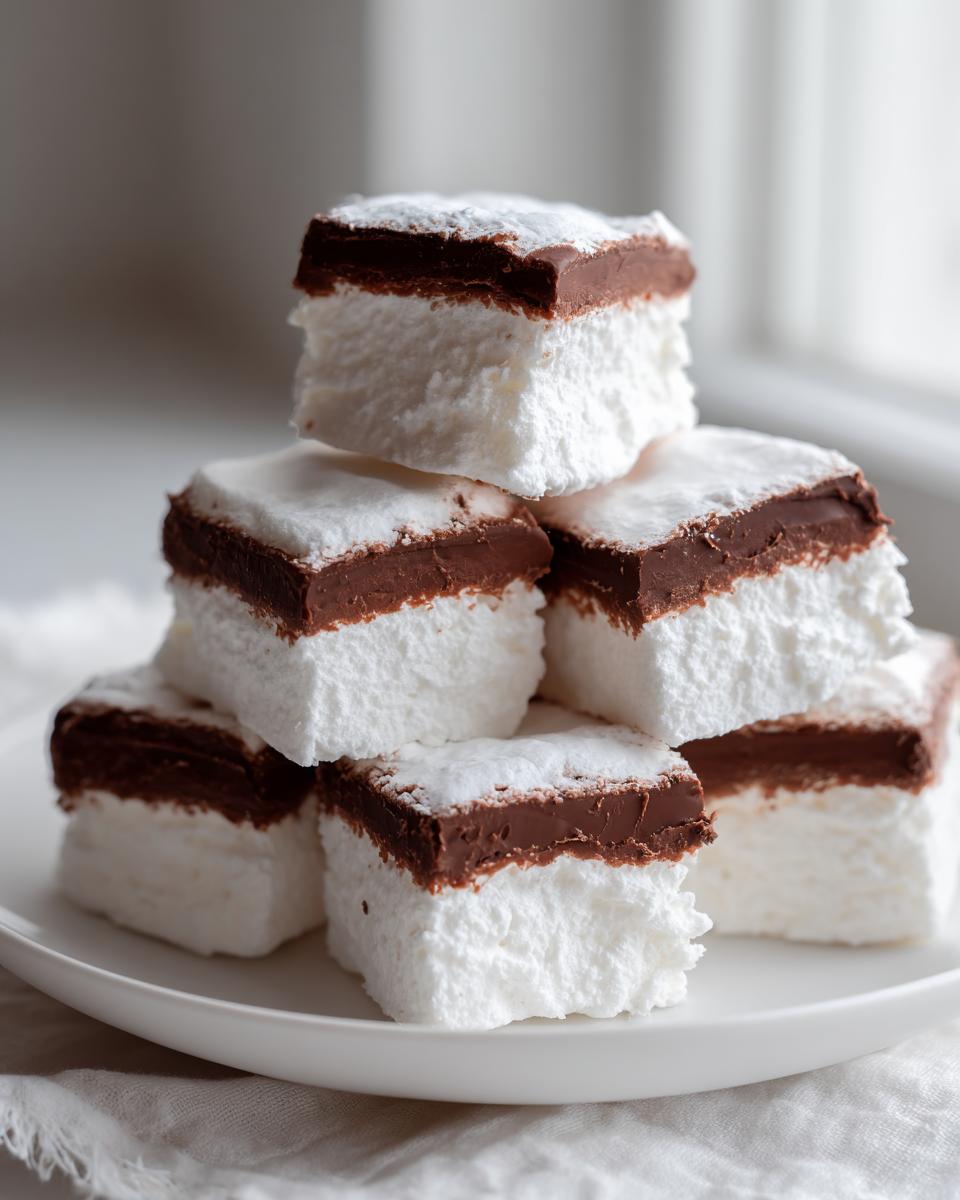 A stack of homemade cool whip candy squares with a thick white base and a chocolate topping.