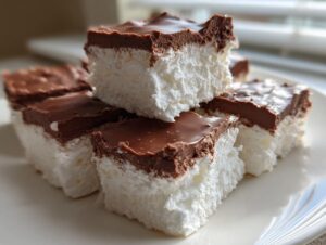 A stack of fluffy white squares topped with glossy chocolate, representing the amazing 3-ingredient Cool Whip Candy.