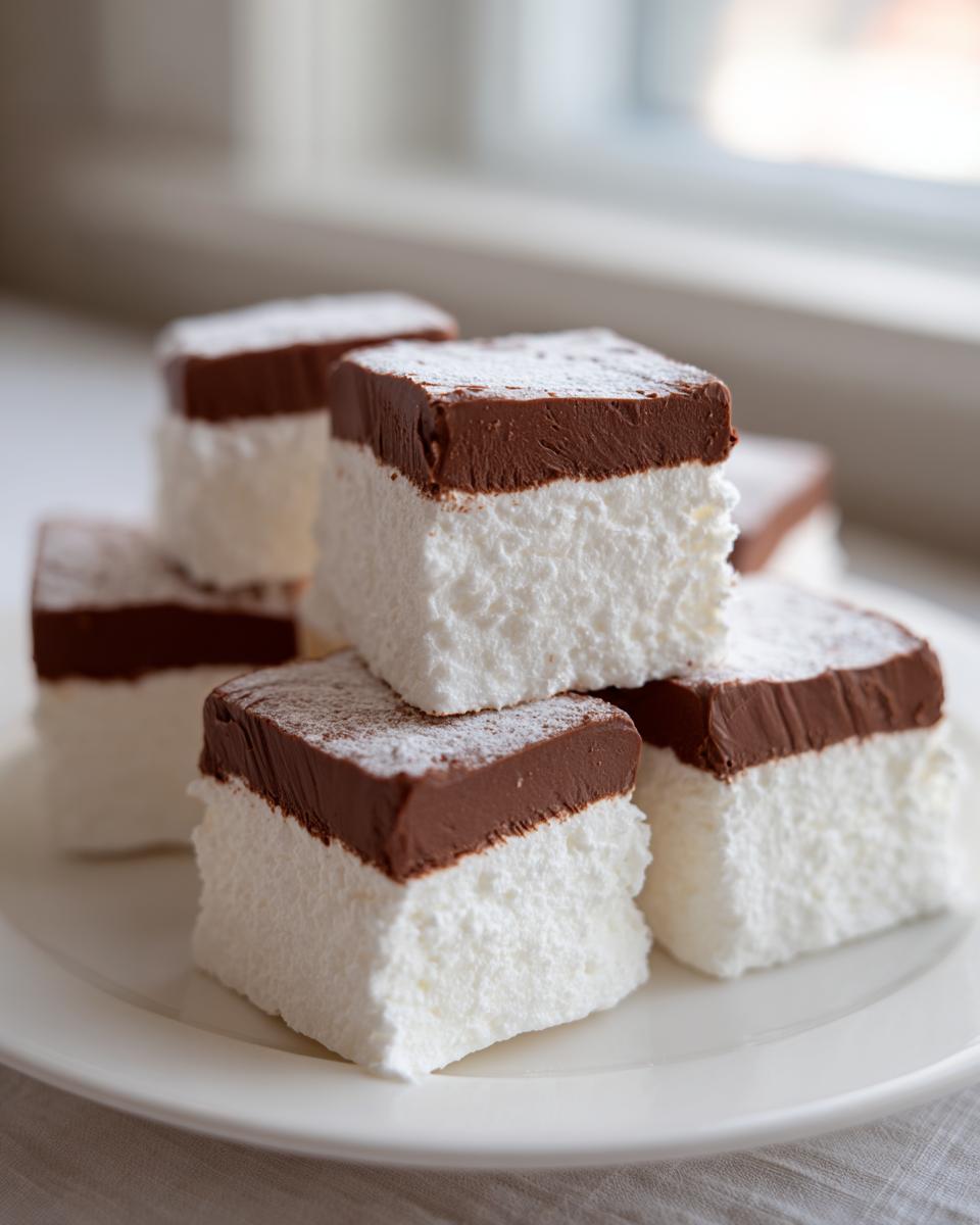 Several squares of fluffy white cool whip candy topped with a thick layer of chocolate ganache, dusted with powdered sugar.