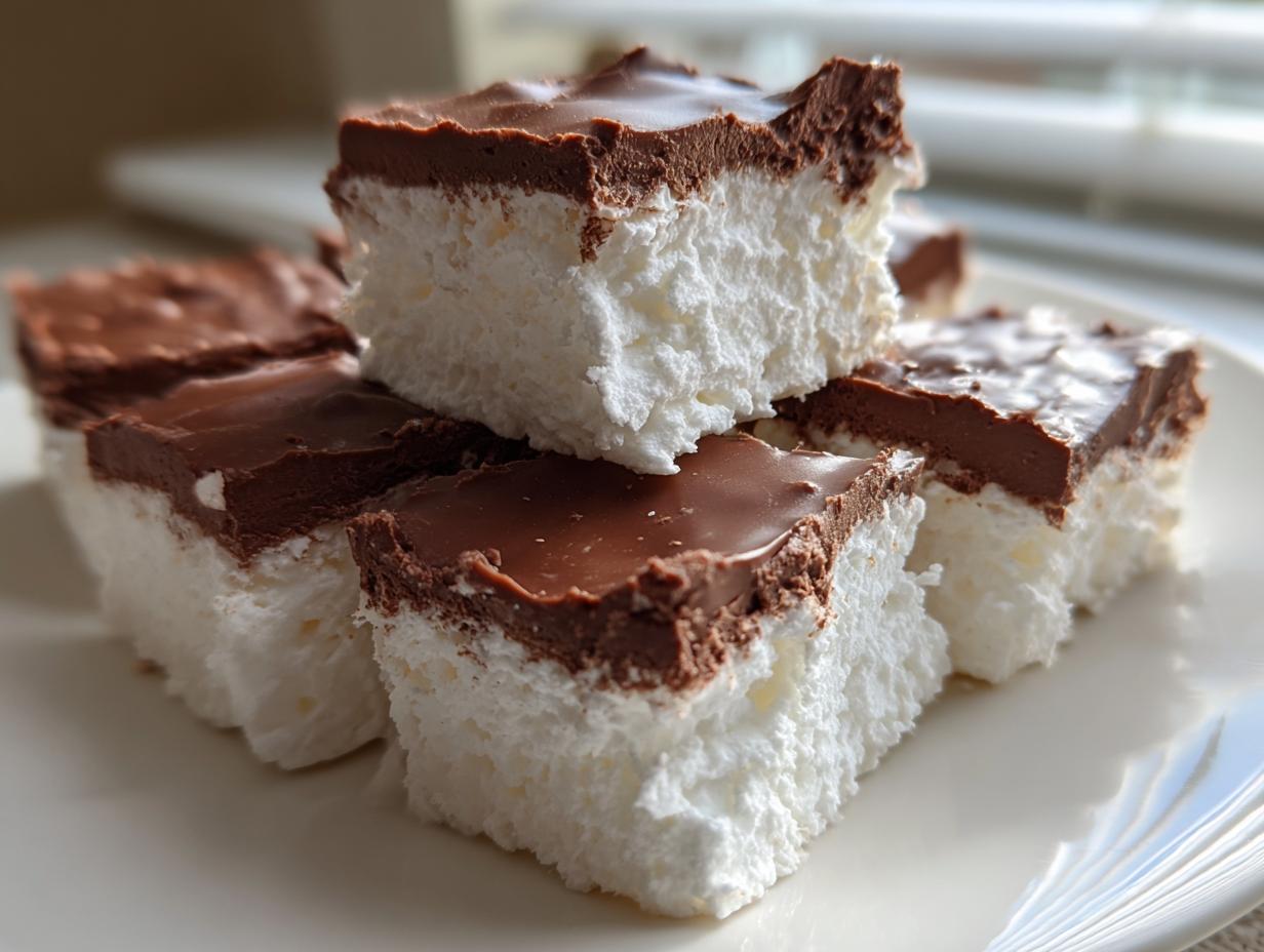 A stack of fluffy white squares topped with glossy chocolate, representing the amazing 3-ingredient Cool Whip Candy.