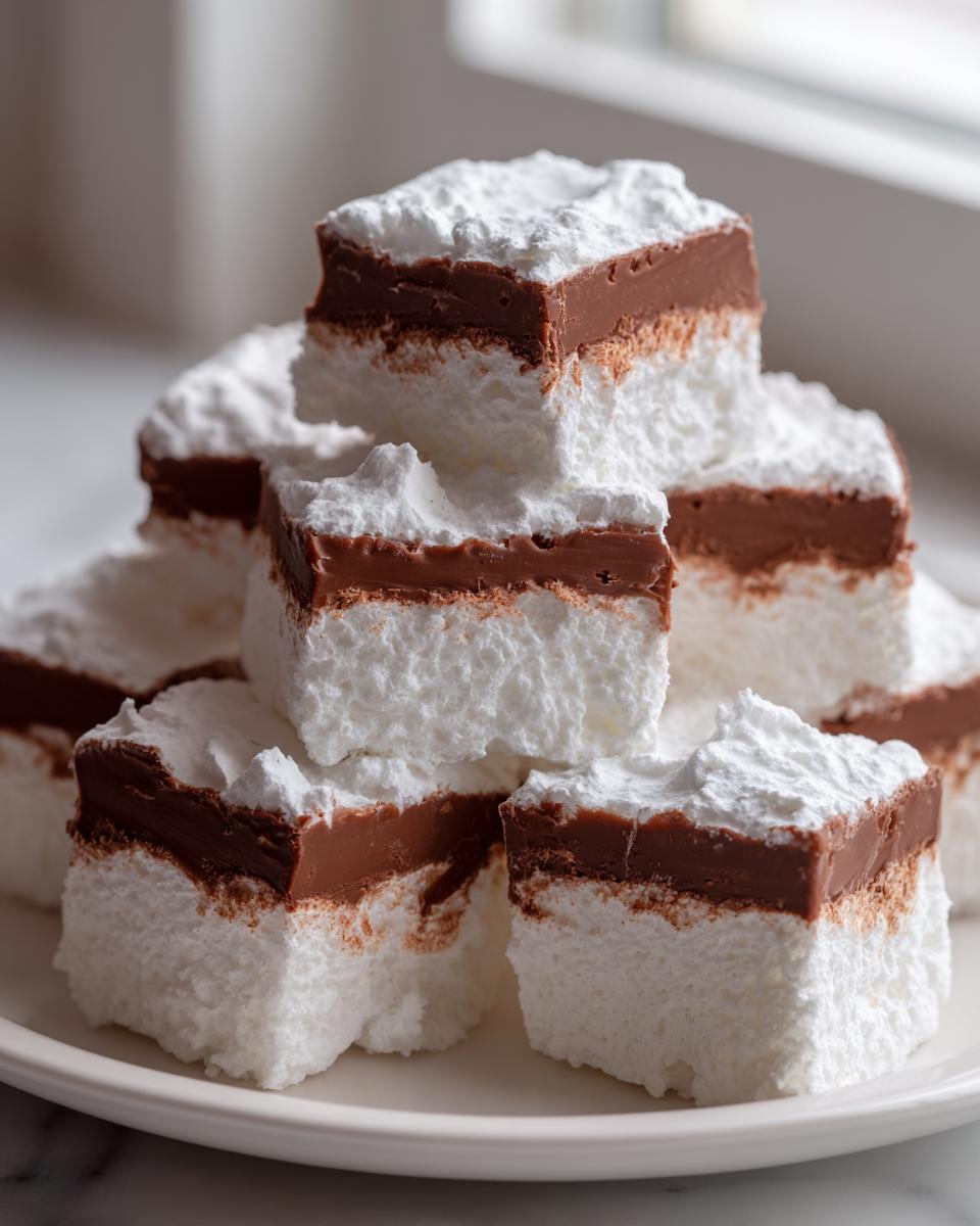 A stack of homemade Cool Whip Candy squares featuring a white base, a chocolate layer, and a whipped topping.
