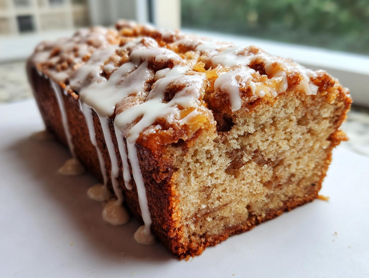 Close-up of a loaf of moist country apple fritter bread topped with a thick vanilla glaze.