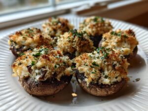 Six perfectly baked crab stuffed mushrooms with a golden, crispy breadcrumb topping and fresh parsley garnish.