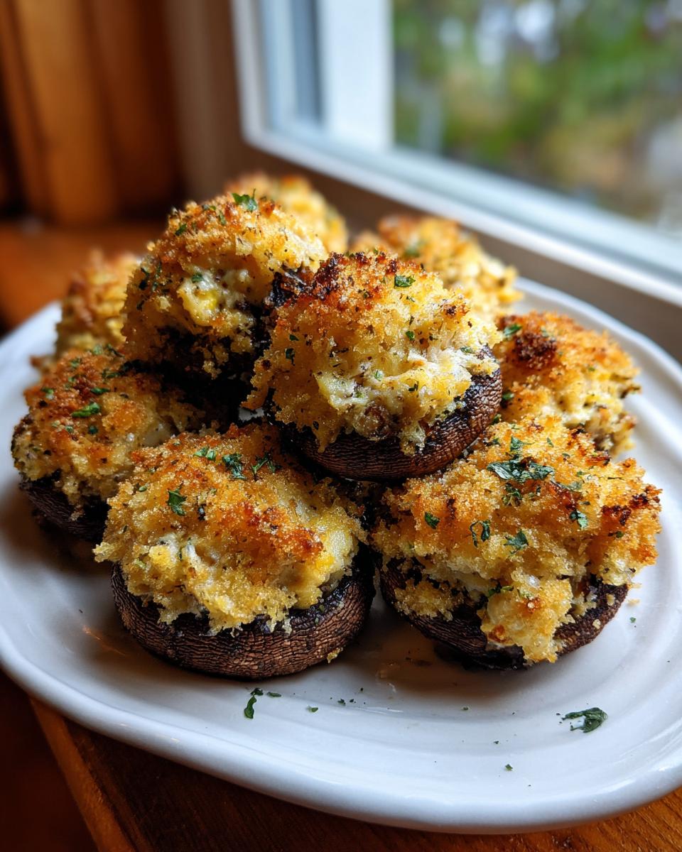 A plate piled high with golden brown, baked crab stuffed mushrooms topped with crispy breadcrumbs and parsley.