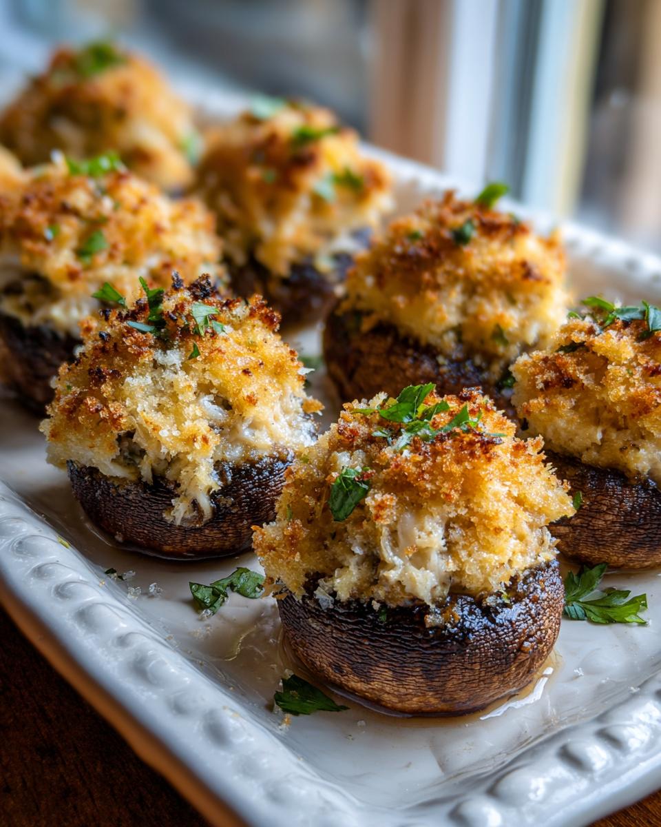 Close-up of baked crab stuffed mushrooms with golden, crispy breadcrumb topping, garnished with parsley.