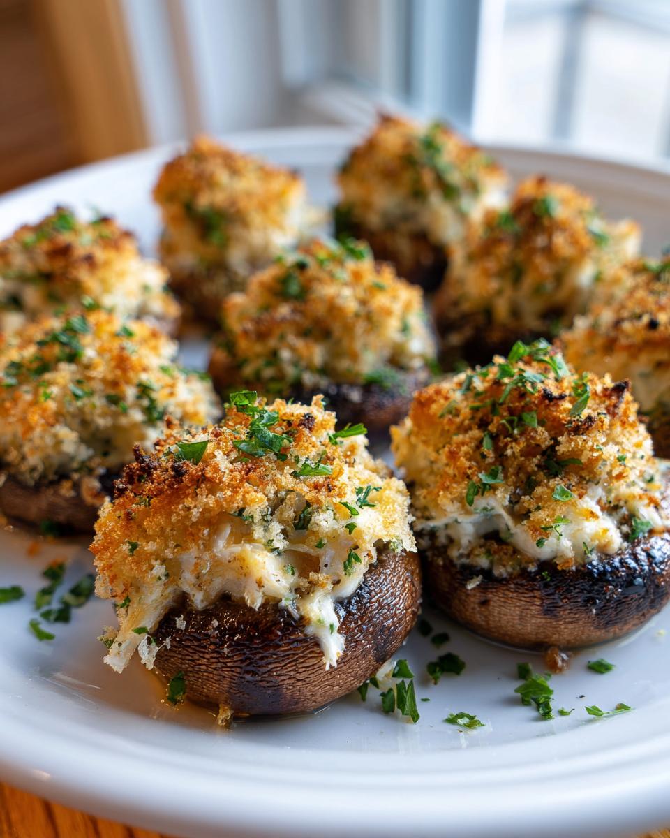 Close-up of several golden brown crab stuffed mushrooms with crispy breadcrumb topping and parsley garnish.