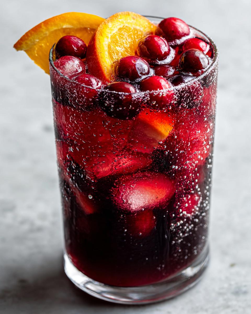 Close-up of a tall glass filled with bubbly cranberry sangria, garnished with fresh cranberries and an orange slice.