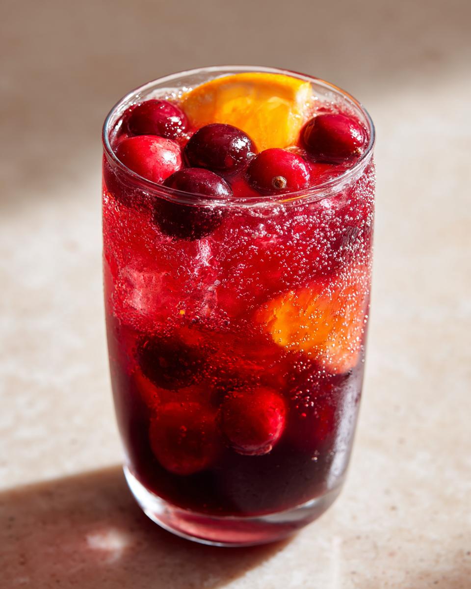 Close-up of a tall glass filled with bubbly cranberry sangria, garnished with fresh cranberries and orange slices.