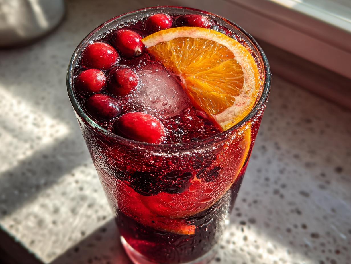 Close-up of a tall glass filled with bubbly, deep red cranberry sangria, garnished with fresh cranberries and an orange slice.