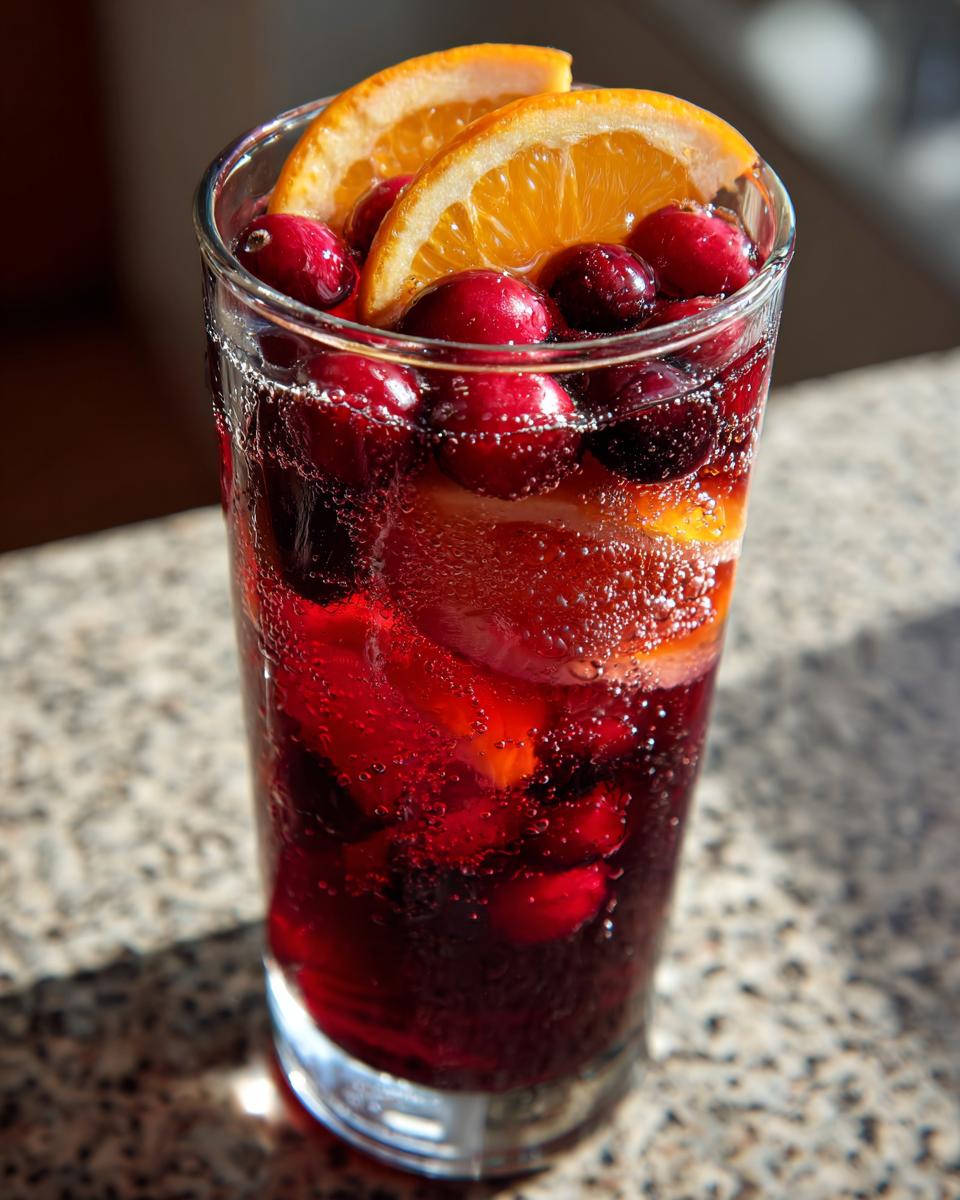 Close-up of a tall glass filled with bubbly cranberry sangria, garnished with fresh cranberries and orange slices.