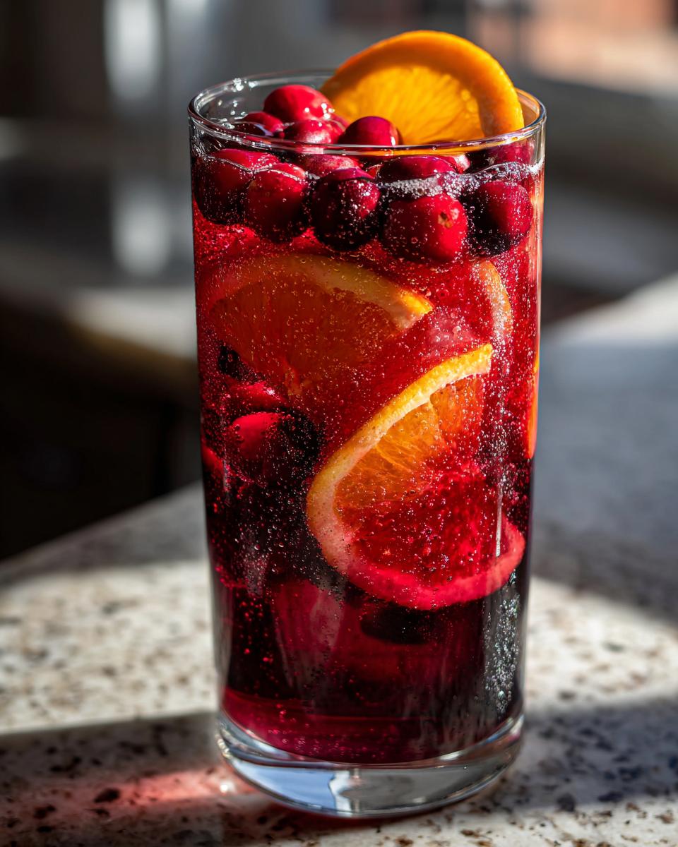 A tall glass filled with vibrant red cranberry sangria, garnished with whole cranberries and bright orange slices.