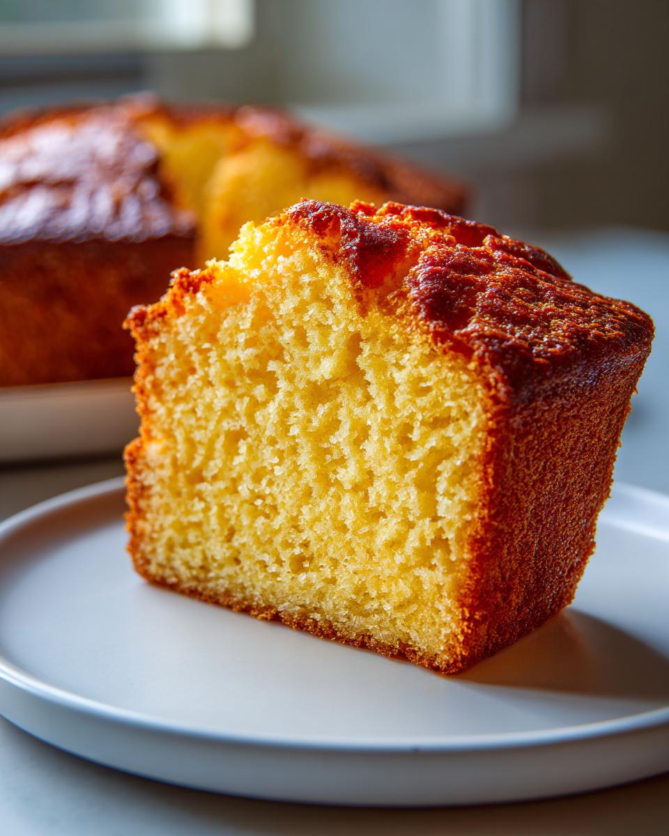 Close-up of a thick slice of golden cream cheese pound cake showing its dense, moist crumb texture.