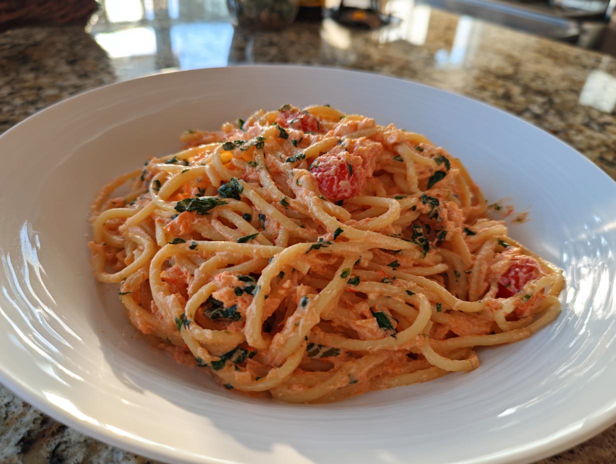 A white bowl filled with creamy baked feta pasta, mixed with roasted tomatoes and fresh herbs.