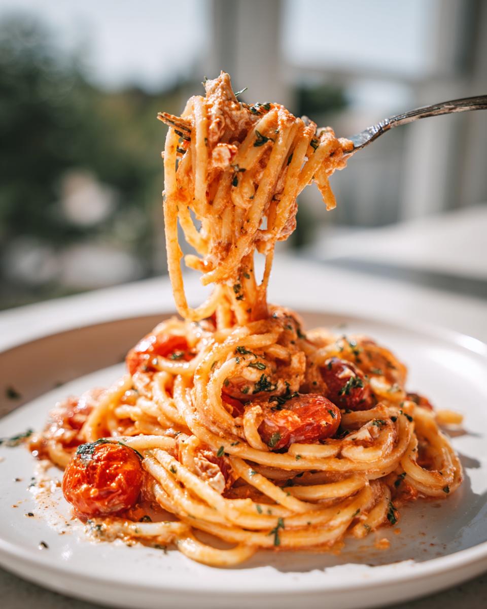 A fork lifts a twirl of spaghetti coated in creamy tomato sauce from a plate of baked feta pasta with roasted cherry tomatoes.