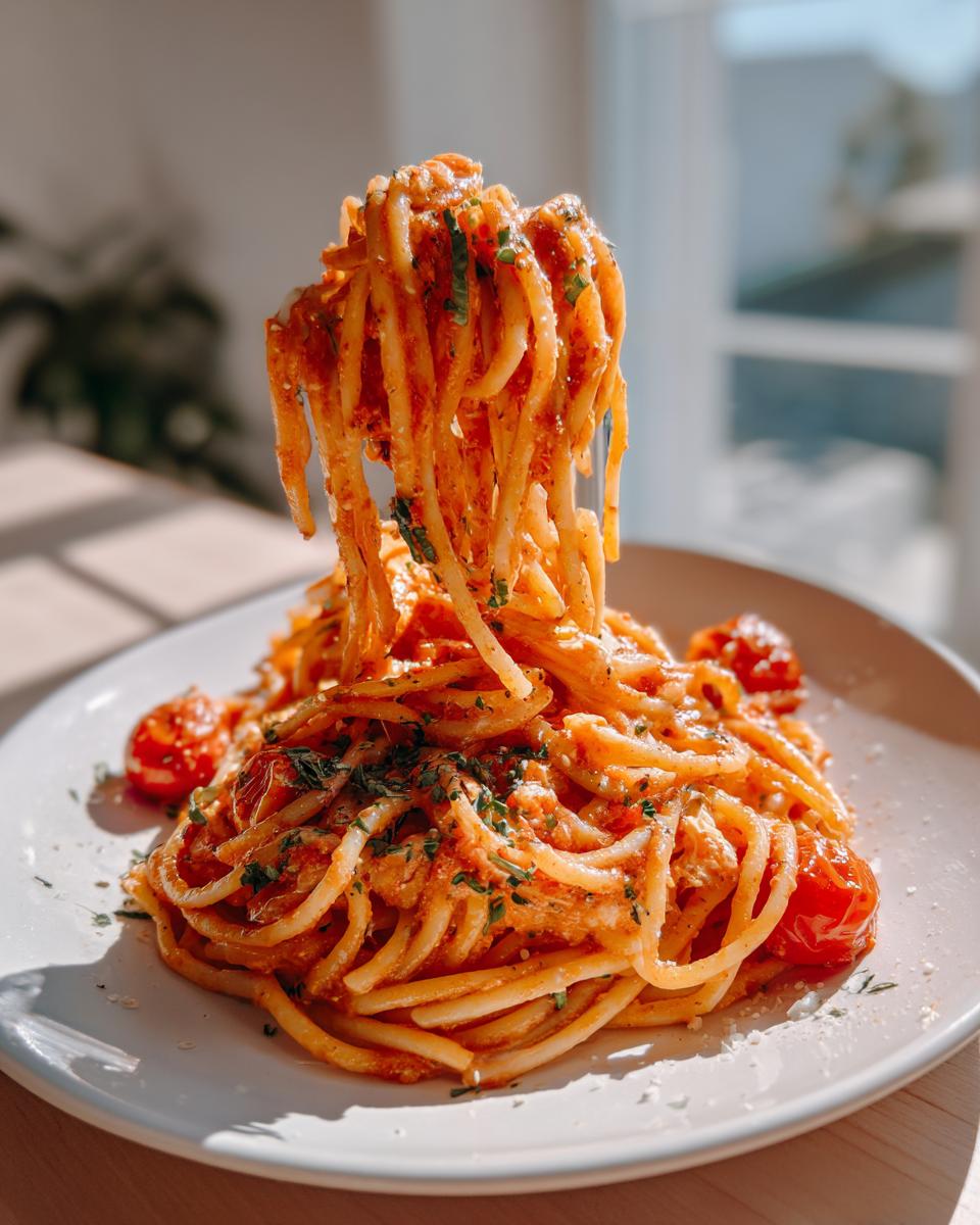 A close-up of creamy, tomato-coated baked feta pasta being lifted high on a fork, showing rich texture.