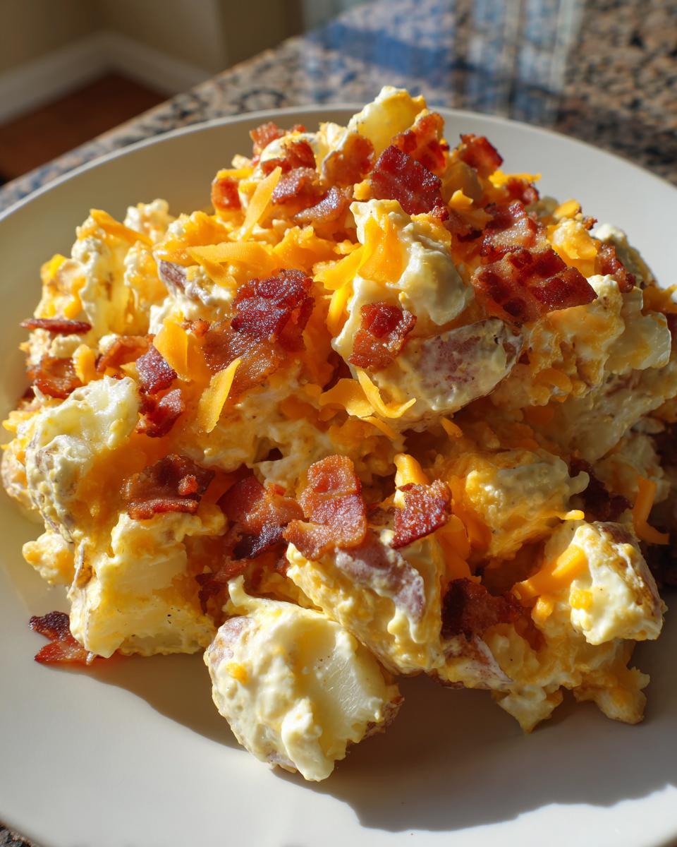 A close-up of a serving of creamy baked potato salad topped generously with shredded cheddar cheese and crispy bacon pieces.