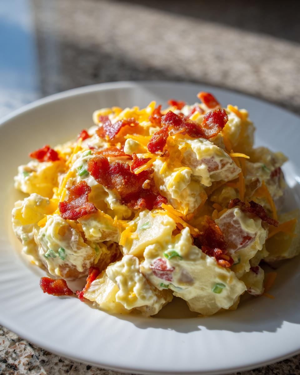 Close-up of creamy baked potato salad topped generously with crispy bacon bits and shredded cheddar cheese.
