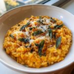 A close-up of creamy butternut squash risotto topped with grated Parmesan cheese and crispy sage leaves.