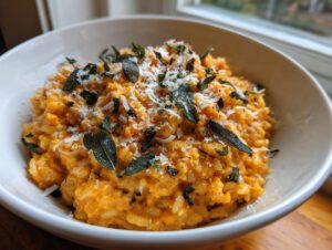 A close-up of creamy butternut squash risotto topped with grated Parmesan cheese and crispy sage leaves.