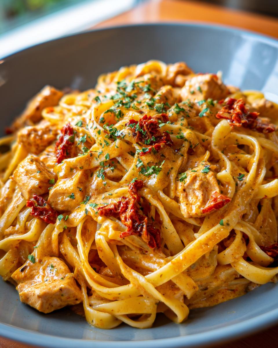 A close-up shot of creamy cajun chicken pasta featuring fettuccine coated in a rich orange sauce, topped with chicken pieces, sun-dried tomatoes, and parsley.