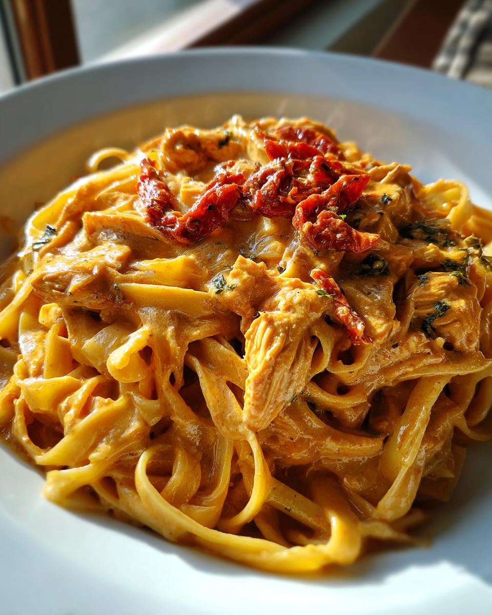 A close-up, vibrant shot of creamy cajun chicken pasta tossed in a rich sauce and topped with sun-dried tomatoes.