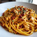 A close-up shot of a generous serving of creamy cajun chicken pasta featuring fettuccine, diced chicken, and sun-dried tomatoes, garnished with parsley.