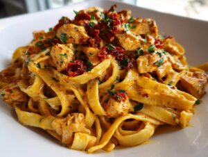 Close-up of creamy cajun chicken pasta featuring fettuccine, seasoned chicken pieces, and sun-dried tomatoes.