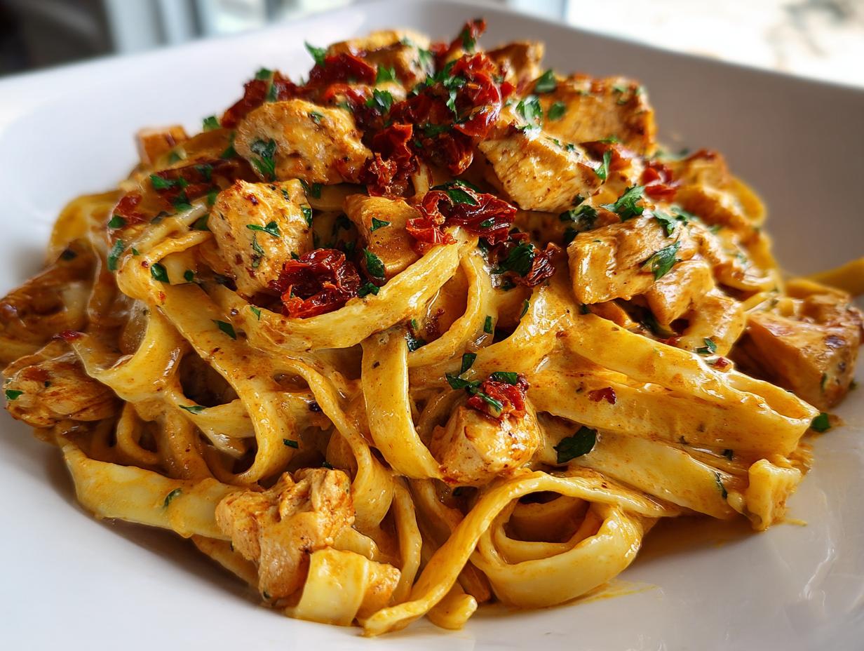 Close-up of creamy cajun chicken pasta featuring fettuccine, seasoned chicken pieces, and sun-dried tomatoes.