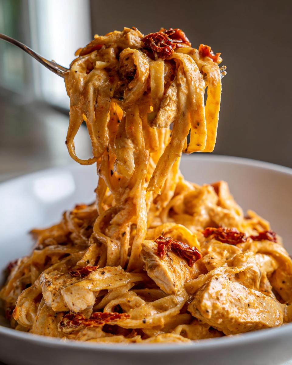 A fork lifting a generous portion of creamy cajun chicken pasta, coated in a rich sauce with chicken pieces and sun-dried tomatoes.