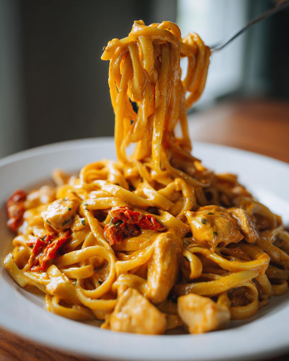 A fork lifts a large portion of creamy cajun chicken pasta, showing fettuccine coated in orange sauce with chicken pieces and sun-dried tomatoes.