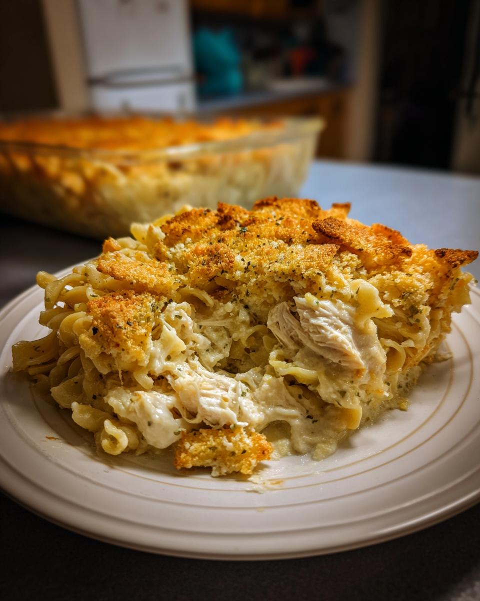 A close-up serving of creamy chicken noodle casserole with shredded chicken and a golden, crunchy breadcrumb topping.
